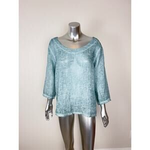 Inizio Italy 100% Linen Top Blouse Copped Scoop Neck Muted blue Sz Large